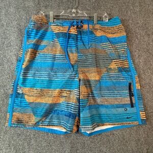 Nike Swim Trunks‎ XL Geometric Stripes Blue Orange Drawstring Mesh Lined